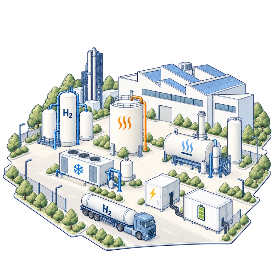 Vernetztes Energiesystem mit Gebäuden, Industrie, erneuerbaren Energien und gemeinsamer Infrastruktur