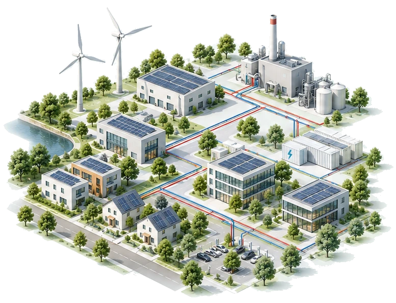 Interconnected energy system with buildings, industry, renewable energy, and shared infrastructure