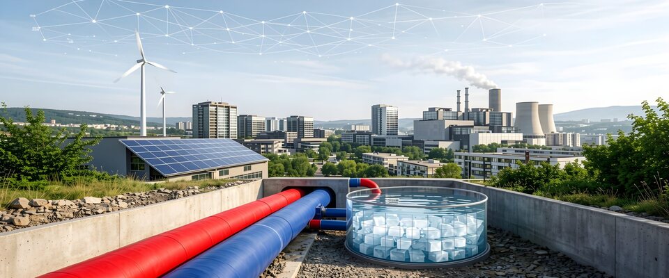Vernetztes Energiesystem mit Erzeugern, Wärmenetz und Eisspeicher